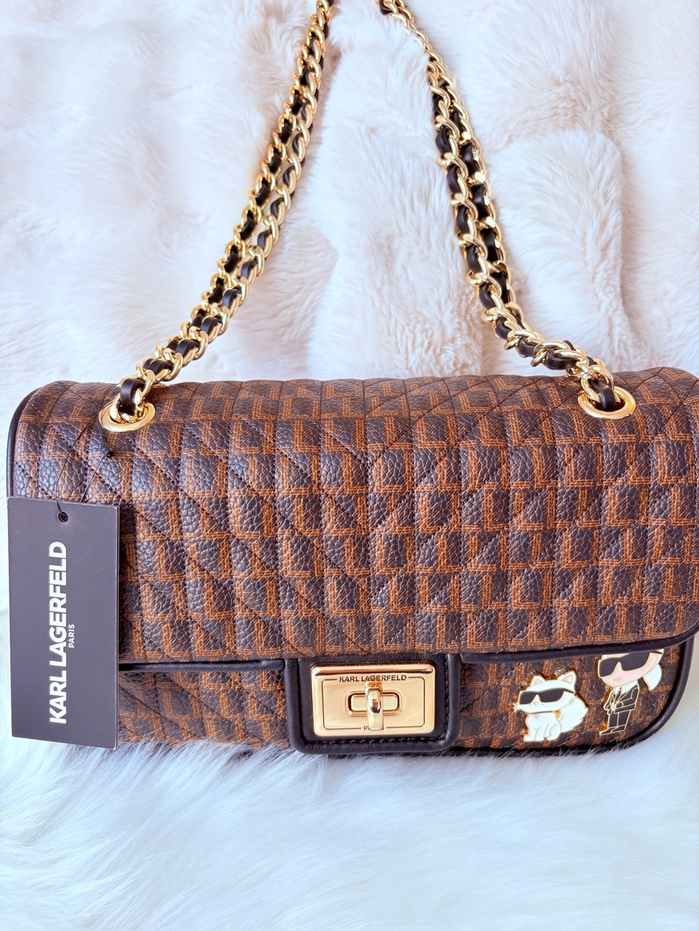 🩷🩷Karl Lagerfeld Brown Checker Quilted Shoulder Bag with Gold Chain🩷🩷